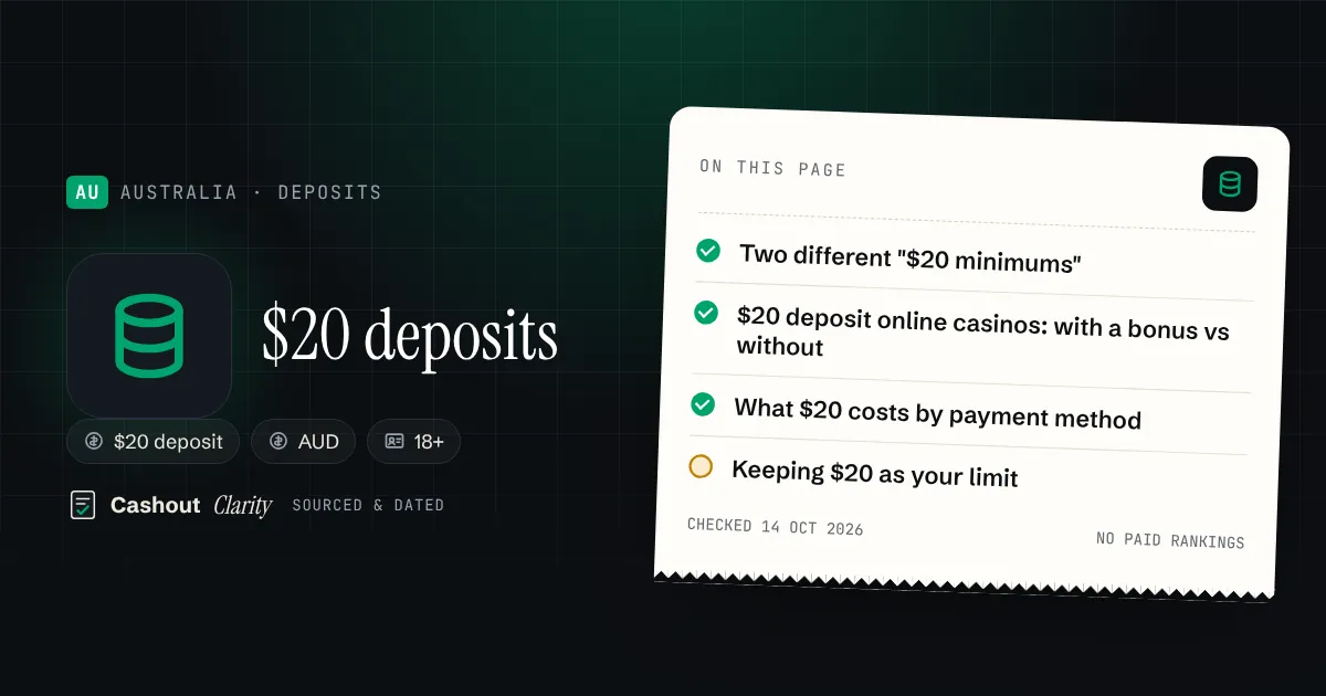 $20 deposit online casinos in Australia: bonus or not — illustration summarising this guide: Two different "$20 minimums"; $20 deposit online casinos: with a bonus vs without; What $20 costs by payment method; Keeping $20 as your limit