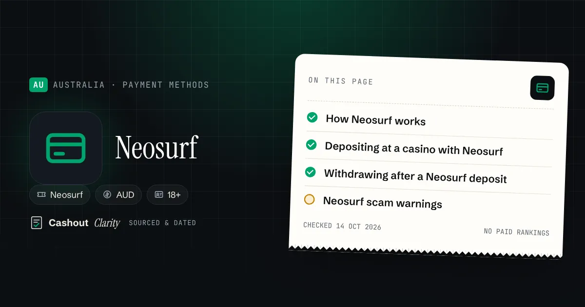 Neosurf online casinos in Australia: deposits and payouts — illustration summarising this guide: How Neosurf works; Depositing at a casino with Neosurf; Withdrawing after a Neosurf deposit; Neosurf scam warnings