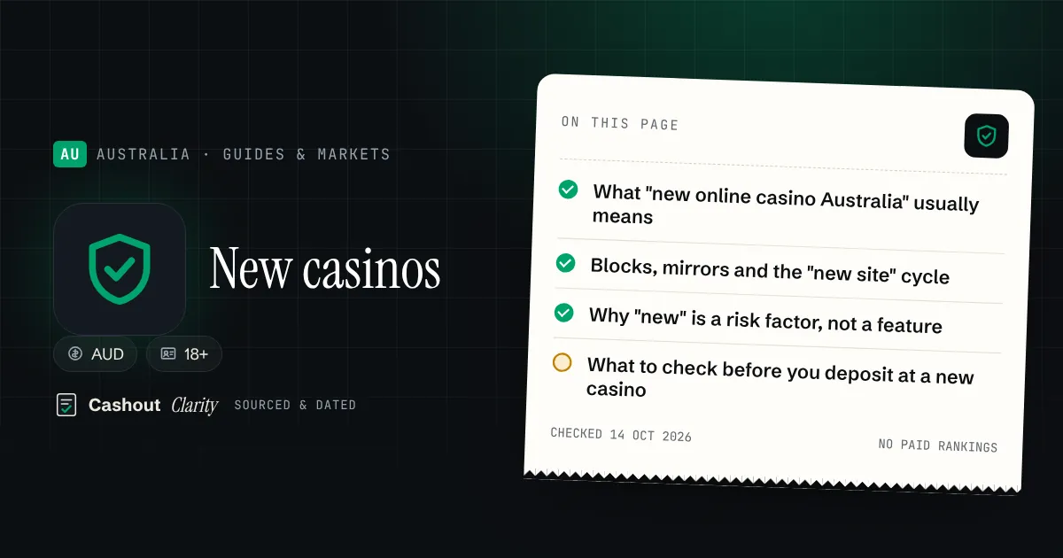 New online casinos in Australia: checks before you deposit — illustration summarising this guide: What "new online casino Australia" usually means; Blocks, mirrors and the "new site" cycle; Why "new" is a risk factor, not a feature; What to check before you deposit at a new casino
