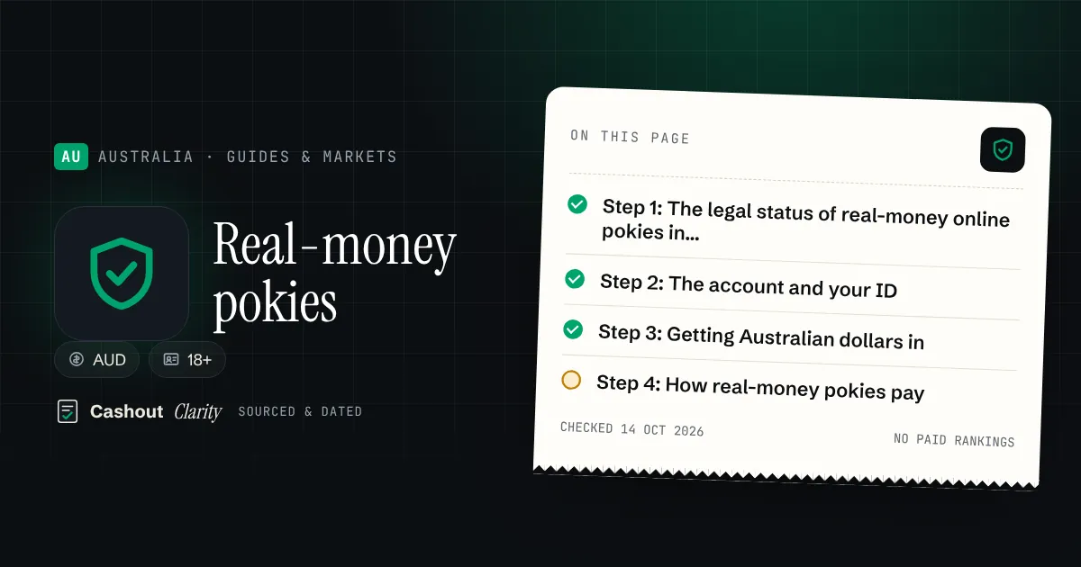 Real money online pokies in Australia: the money trail Real money online pokies in Australia: the money trail — illustration summarising this guide: Step 1: The legal status of real-money online pokies in Australia; Step 2: The account and your ID; Step 3: Getting Australian dollars in; Step 4: How real-money pokies pay