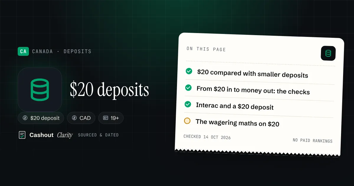 $20 minimum deposit casinos in Canada: deposit to payout $20 minimum deposit casinos in Canada: deposit to payout — illustration summarising this guide: $20 compared with smaller deposits; From $20 in to money out: the checks; Interac and a $20 deposit; The wagering maths on $20
