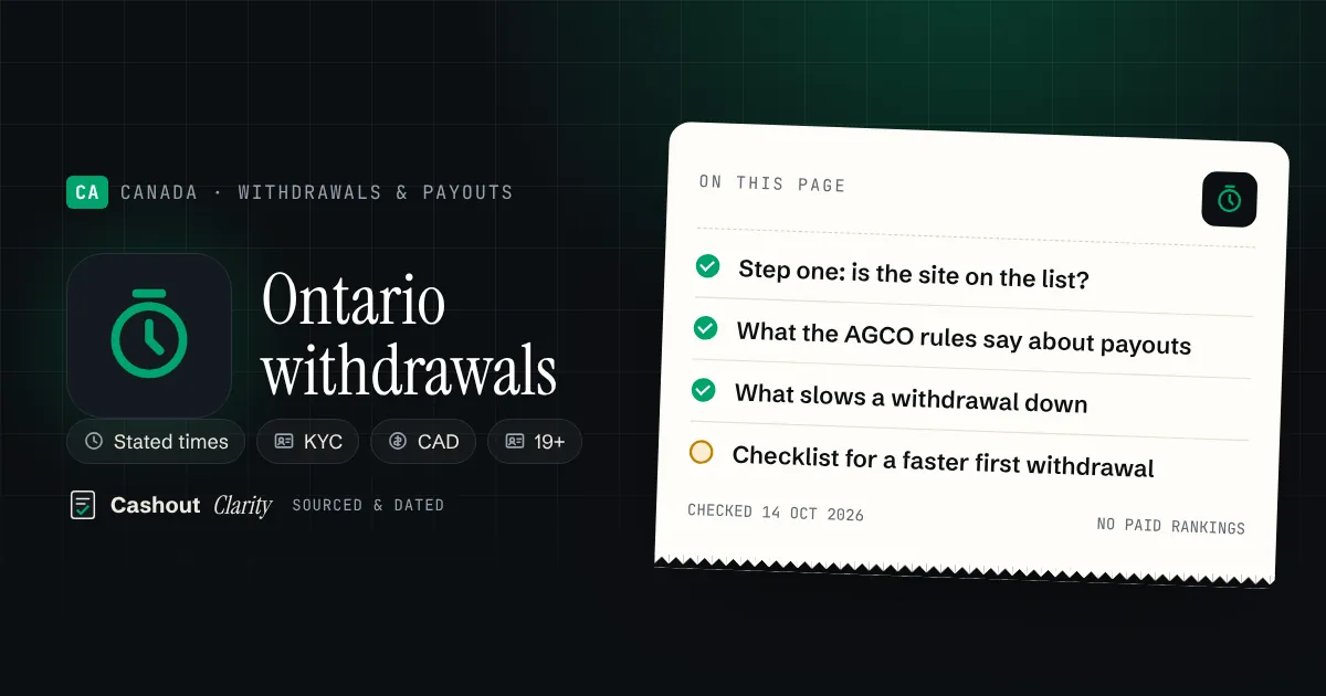 Fast withdrawal casinos in Ontario: regulated payouts Fast withdrawal casinos in Ontario: regulated payouts — illustration summarising this guide: Step one: is the site on the list?; What the AGCO rules say about payouts; What slows a withdrawal down; Checklist for a faster first withdrawal