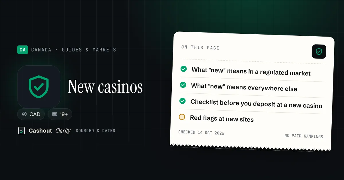 New online casinos in Canada: how to check a new site — illustration summarising this guide: What "new" means in a regulated market; What "new" means everywhere else; Checklist before you deposit at a new casino; Red flags at new sites