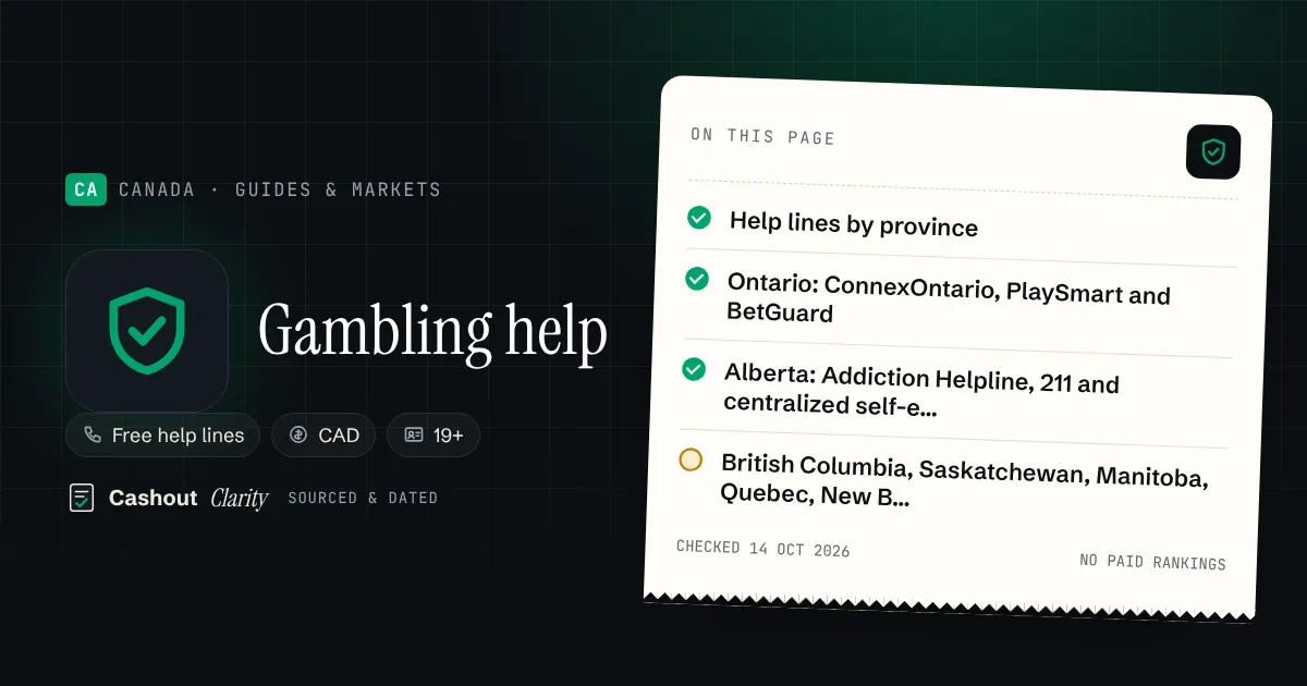 Responsible gambling in Canada: help by province Responsible gambling in Canada: help by province — illustration summarising this guide: Help lines by province; Ontario: ConnexOntario, PlaySmart and BetGuard; Alberta: Addiction Helpline, 211 and centralized self-exclusion; British Columbia, Saskatchewan, Manitoba, Quebec, New Brunswick